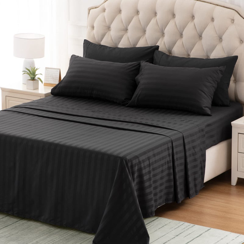 SLEEP ZONE Striped Cooling Queen Sheets Set - Fitted Flat Sheet & Pillowcase Sets 4 Piece - Super Soft Stripe Bed Sheet, Easy Care, Deep Pocket (Black, Queen) - Image 5